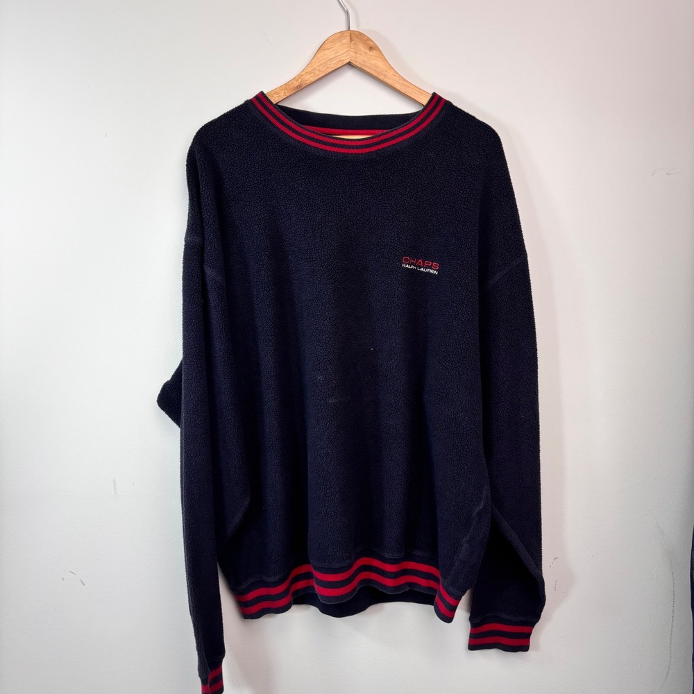 Chaps Ralph Lauren Navy Fleece Crewneck XXL Red Stripe Vintage 90s Y2K